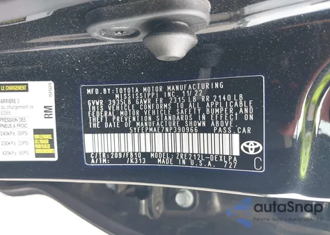 2022 Toyota Corolla Le from USA, damaged, VIN 5YFEPMAE7NP390966